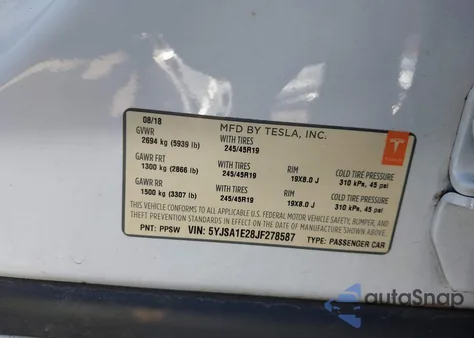 2018 Tesla Model S 100D/75D/P100D из США, поврежденный, VIN 5YJSA1E28JF278587
